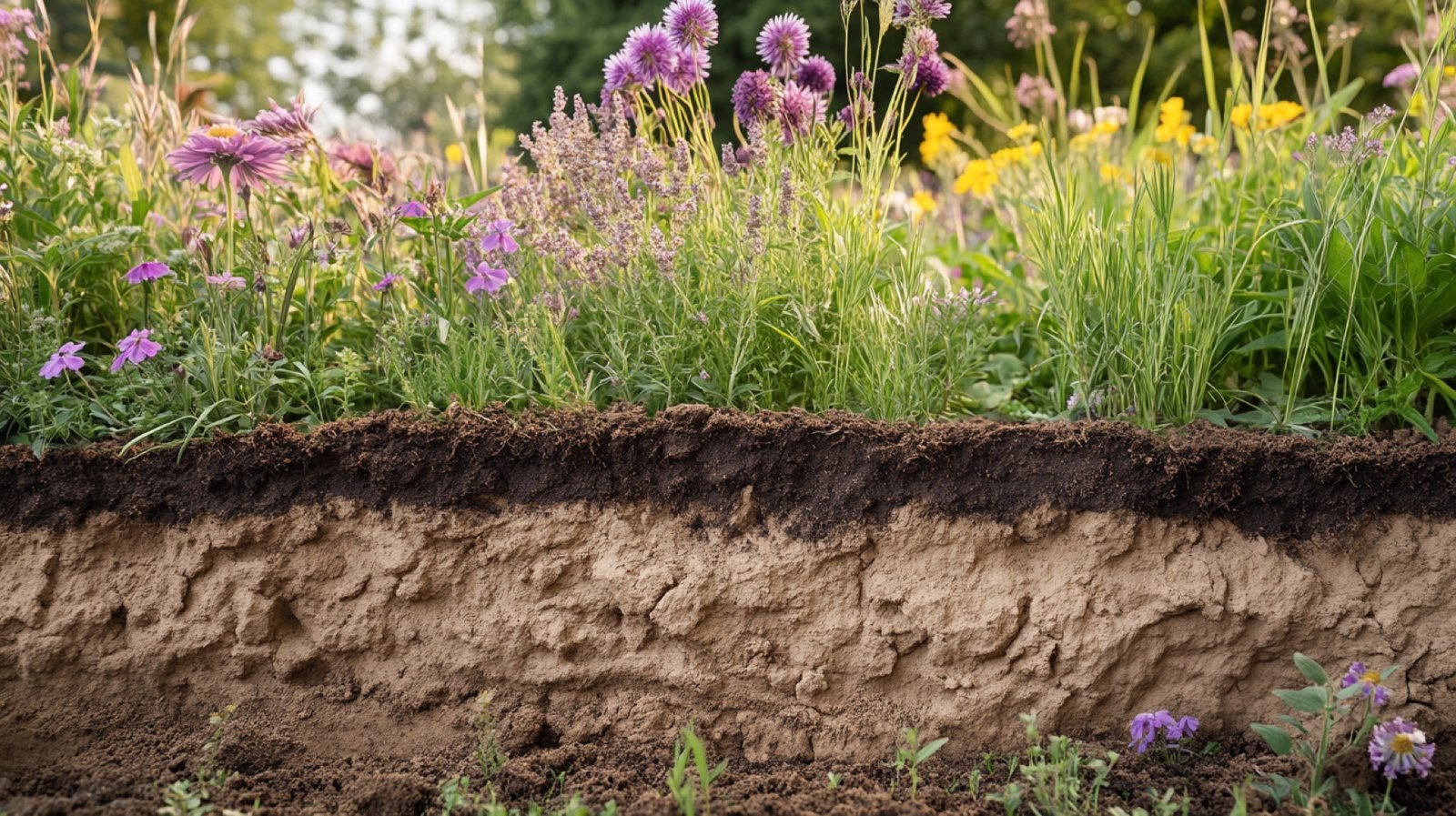 Fotografische Querschnittansicht eines Gartenbeetes mit sichtbaren Bodenschichten und Wurzeln — Gartenzen Bodenkopplung