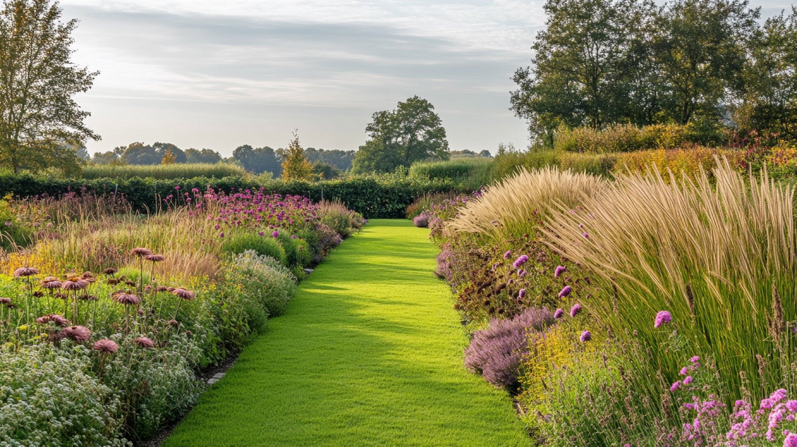 Weitläufiger Garten mit symmetrischen Staudenbeeten mit Ziergräsern und lila Blüte — Piet Oudolf-Stil, Herbstlicht