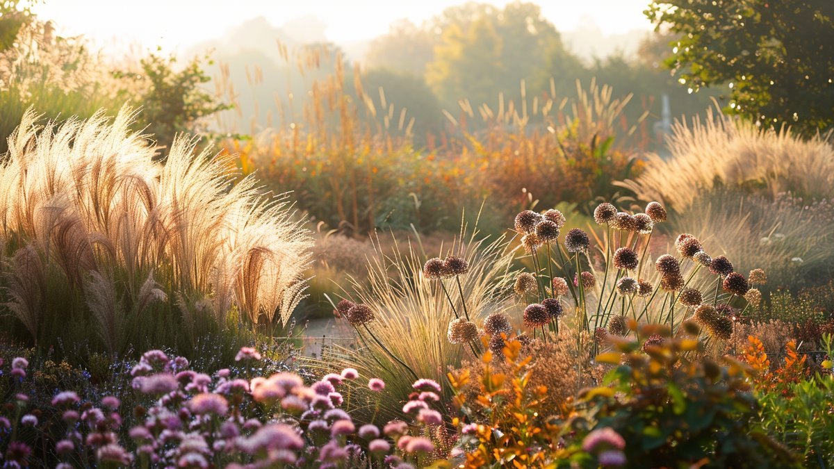 Naturalistische deutsche Staudenrabatte mit Ziergräsern, Echinacea und Sedum im Herbstlicht