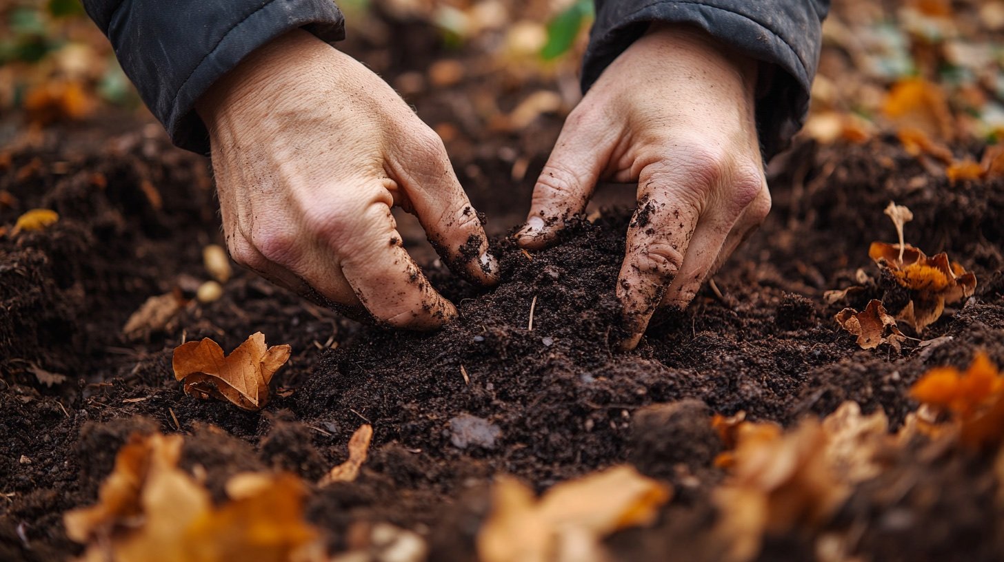 Hände mit dunklem Kompost über herbstlichem Boden