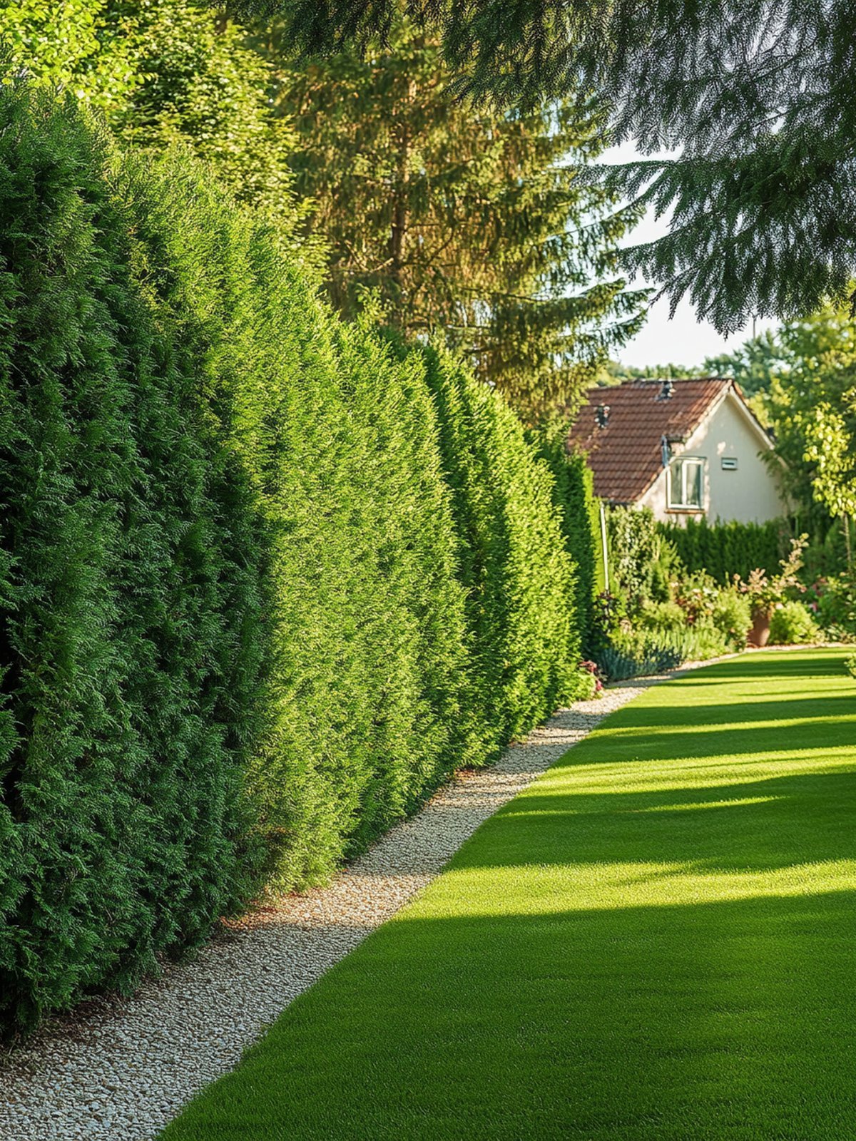 Cupressocyparis leylandii Hecke — dunkelgrüne weiche Koniferenmasse entlang Grundstücksrand