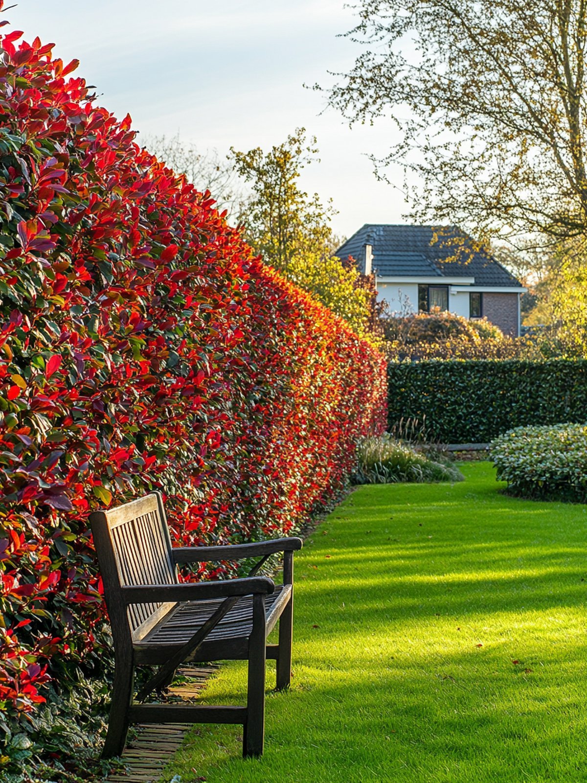 Photinia × fraseri Red Robin Hecke — feuerrote junge Triebe über dunkelgrünem altem Laub