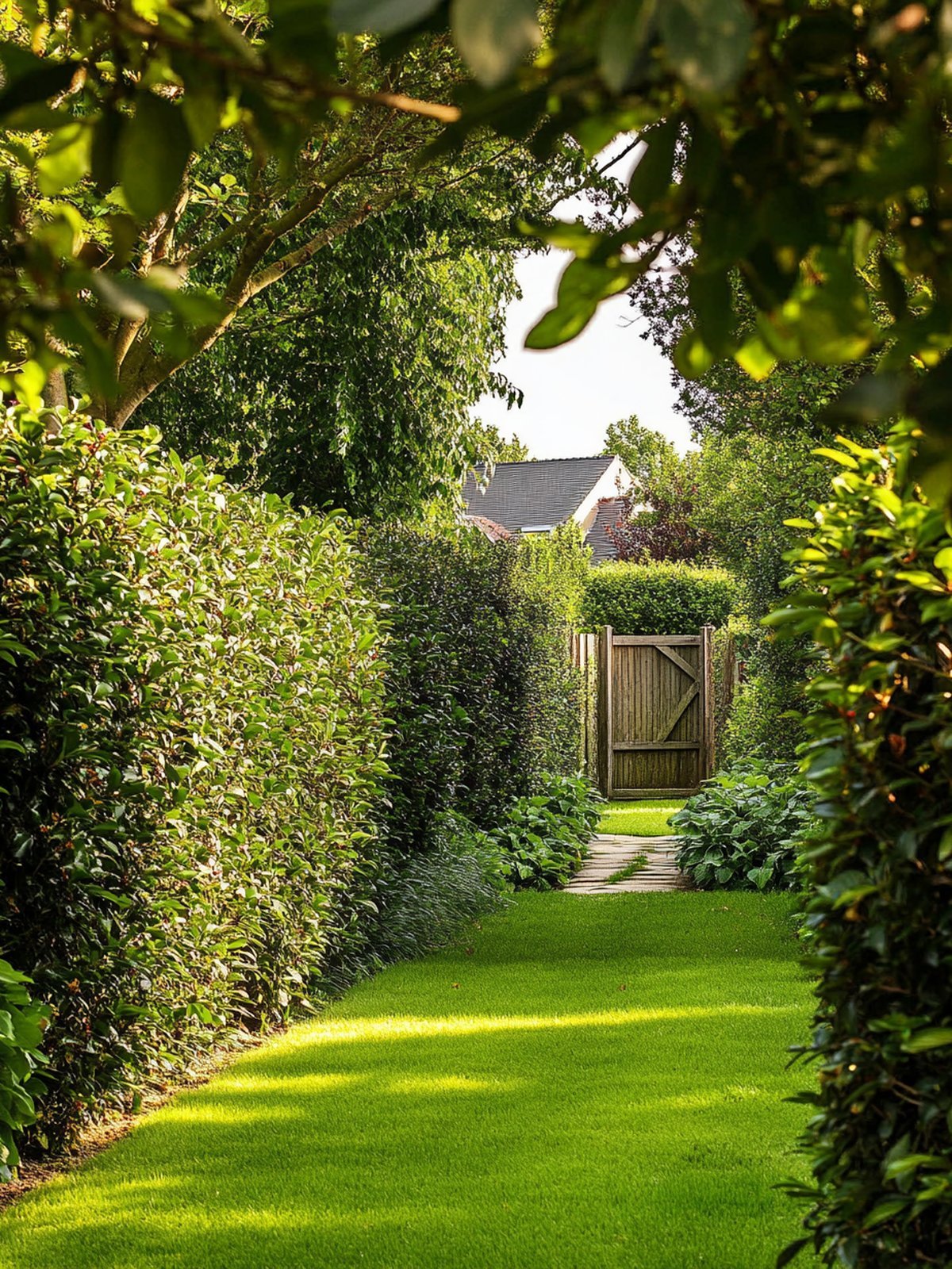 Prunus lusitanica Hecke — elegantes dunkelgrünes Laub mit rotbraunen Blattstielen