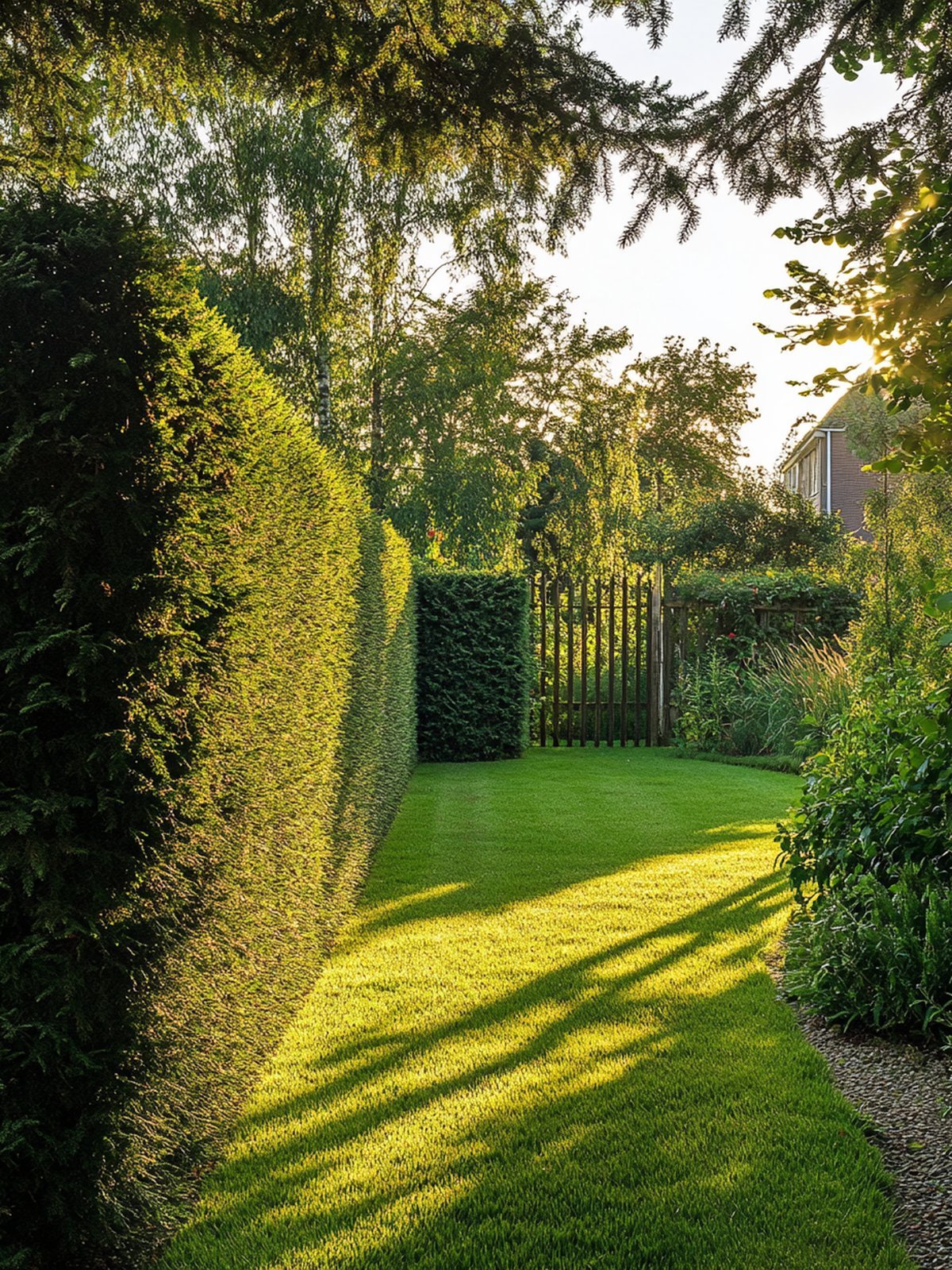 Taxus baccata Hecke — fein benadelte dunkelgrüne Masse mit roten Eibenbeeren