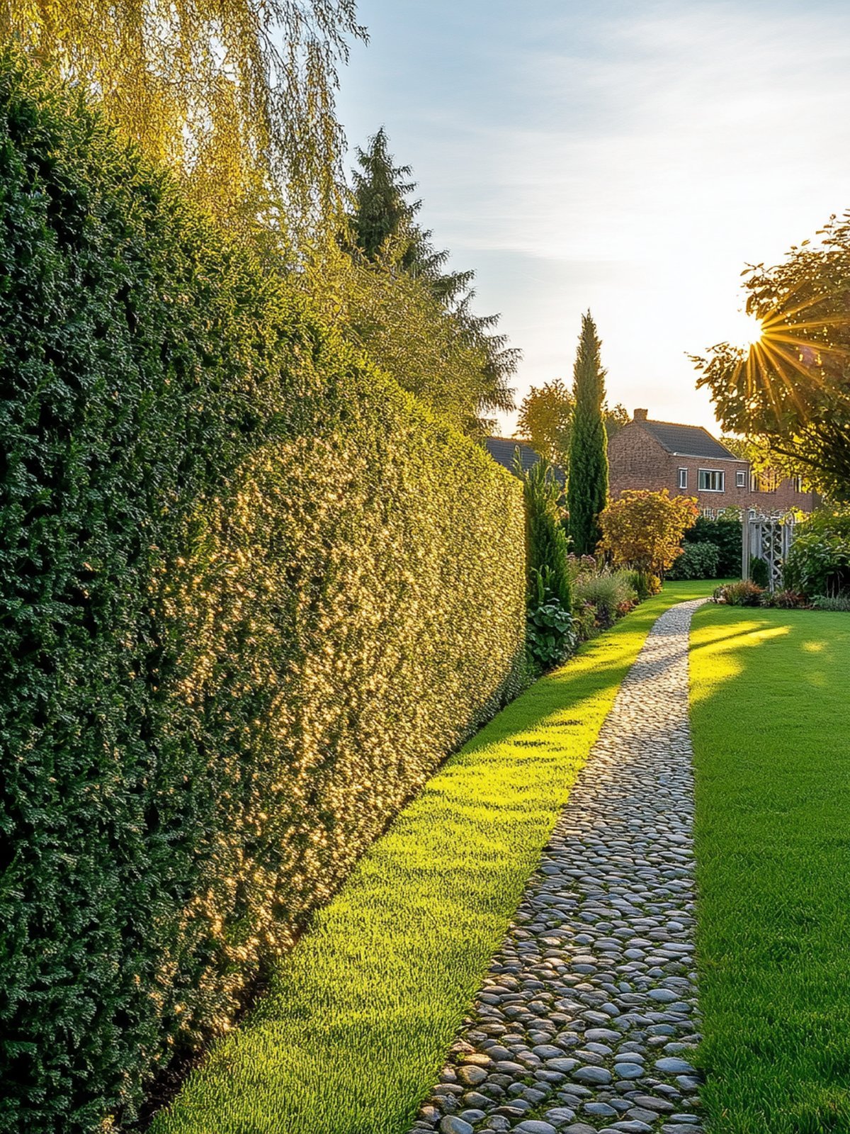 Thuja Smaragd Hecke — schmale immergrüne Kegel in einem deutschen Vorgarten