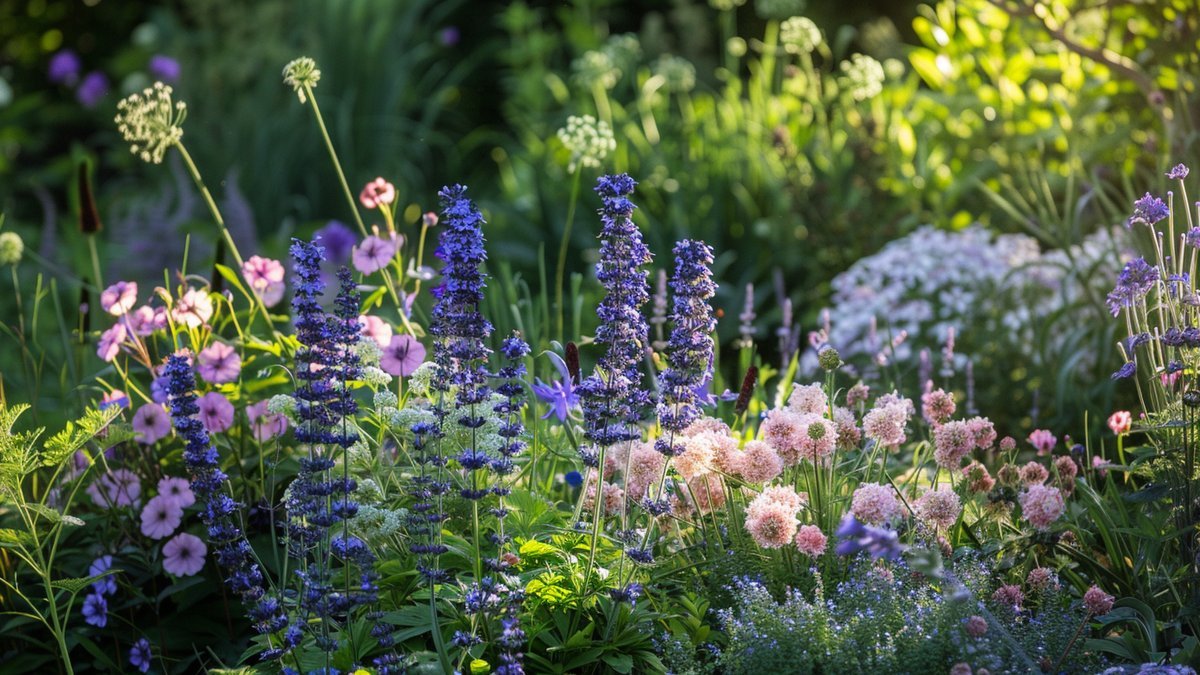 Naturalistische Stauden-Pflanzung mit Salvia, Geranium und Astrantia im weichen Sommerlicht