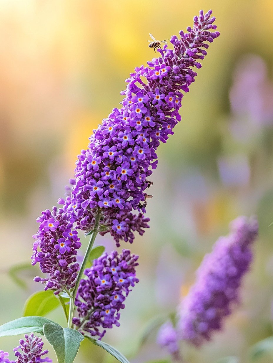 Buddleja davidii Black Knight — tiefviolette Rispen voller Schmetterlinge in der Sommersonne