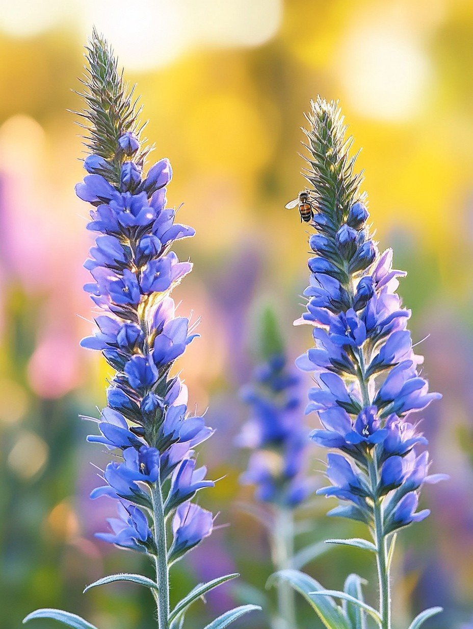 Echium vulgare — blaue Natternkopf-Ähren voller Bienen auf trockenem Boden