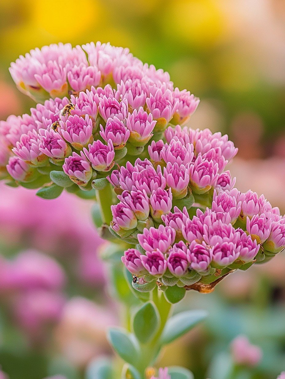 Sedum spectabile Matrona — dunkelrosa Blütenschirme mit violett-rotem Blatt im Spätsommerlicht