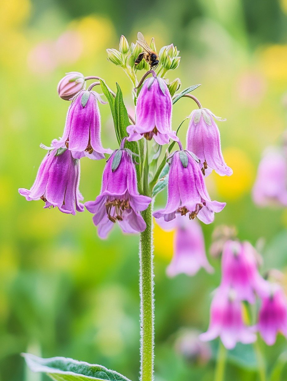 Symphytum officinale — glockenförmige Blüten in Rosa, Violett und Weiß voller Hummeln