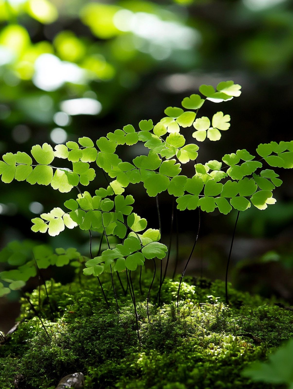 Adiantum pedatum — horizontale Fächer aus feinem frischgrünem Laub auf glänzend schwarzen Stielen