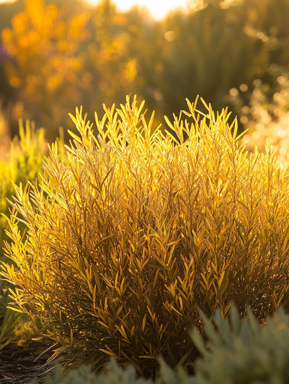 Amsonia hubrichtii — Kugel aus nadelfeinem Laub, das goldgelb färbt, mit Resten stahlblauer sternförmiger Blüten