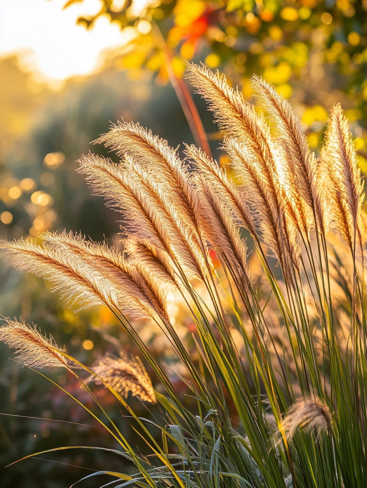 Anemanthele lessoniana — überhängendes Gras mit olivgrünen bis kupferorangen Halmen im weichen Herbstlicht