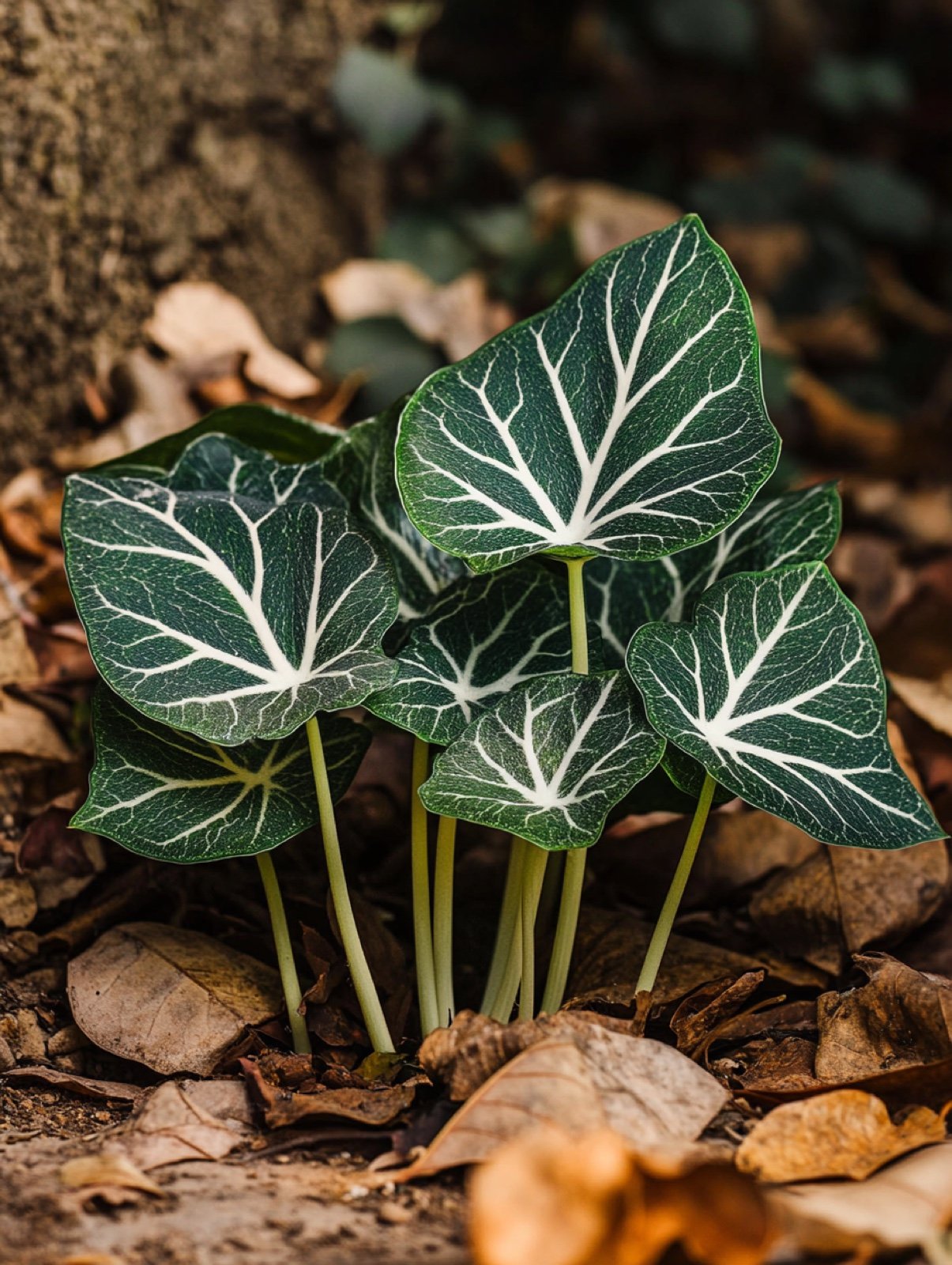 Arum italicum — pfeilförmiges dunkelgrünes Laub mit auffälliger silberweißer Aderung auf dem winterlichen Waldboden