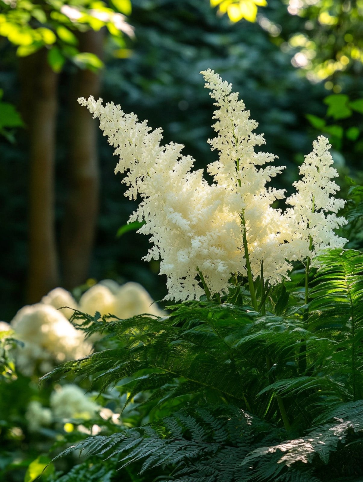 Aruncus dioicus in voller Blüte — cremeweiße Rispen über dunkelgrünem gefiedertem Laub im Halbschatten