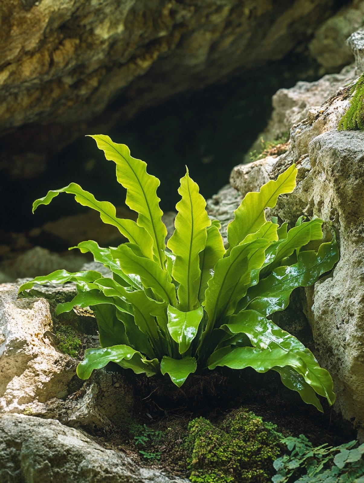 Asplenium scolopendrium — Rosette aus ungeteilten glänzend grünen zungenförmigen Farnwedeln an einer Kalksteinmauer
