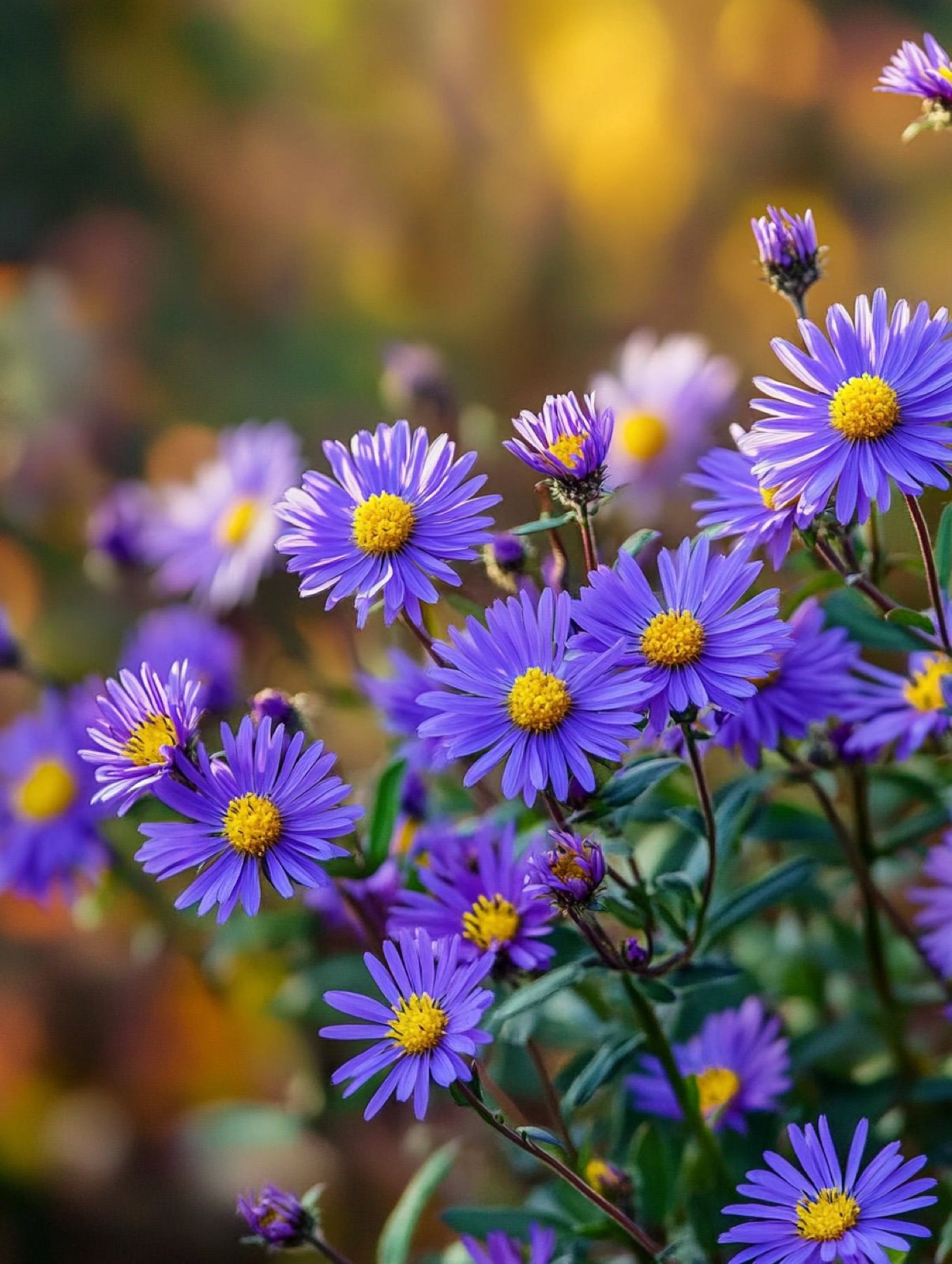 Aster amellus 'King George' — blaupurpurne Margeritenblüten mit gelbem Herz im Oktober