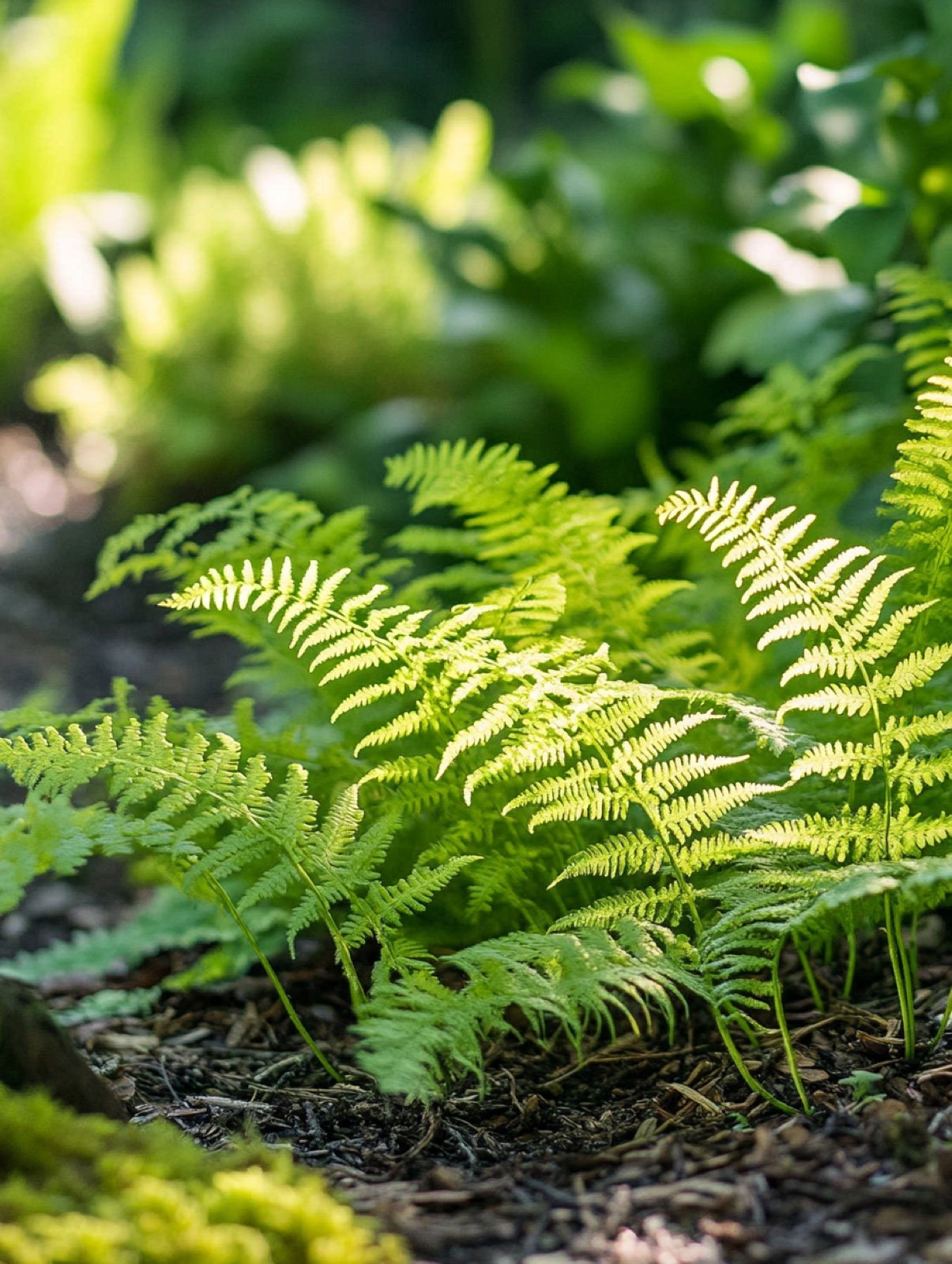 Athyrium filix-femina — hellgrünes gefiedertes Farnlaub über Waldboden mit Laubstreu
