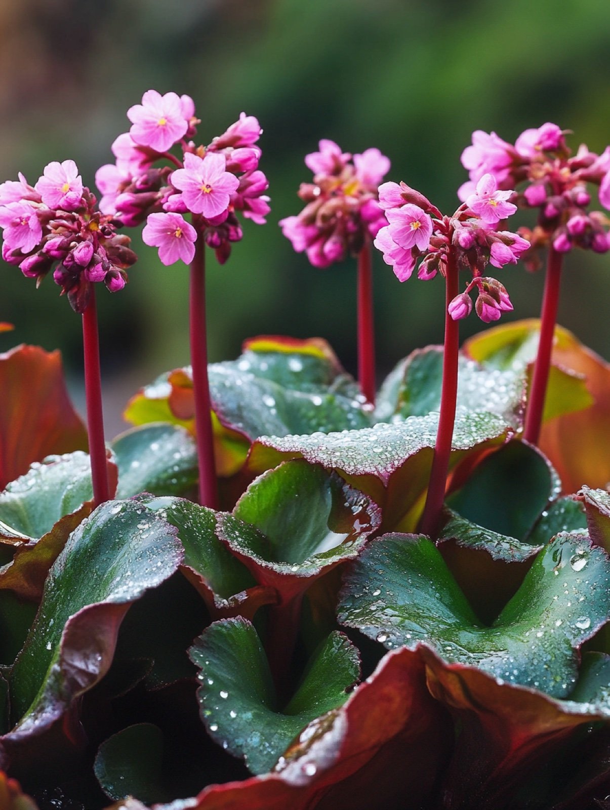 Bergenia cordifolia — glänzende runde Blätter und rosa Blütendolden im frühen Frühling
