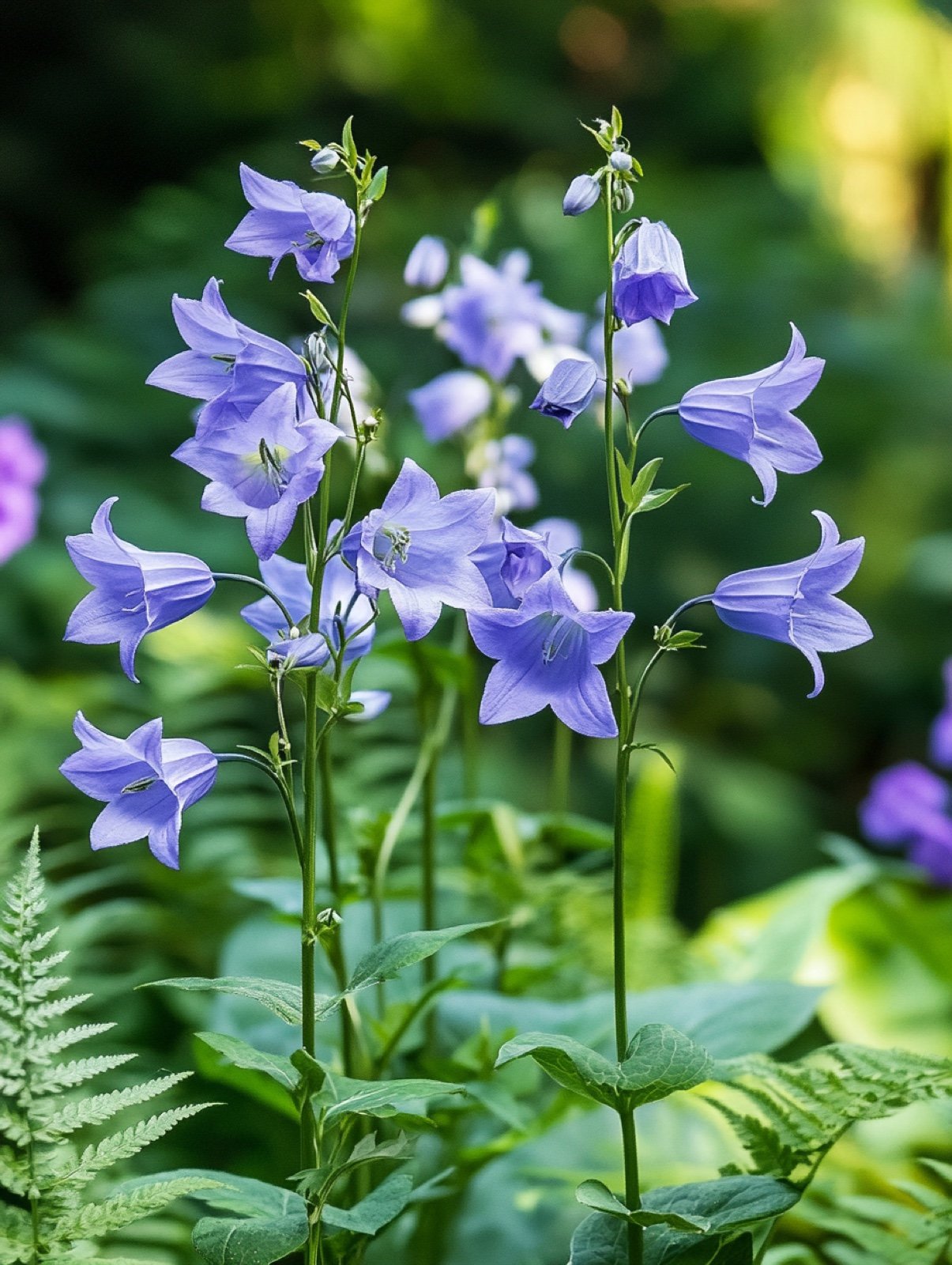 Campanula persicifolia — aufrechte Stängel mit lilablauen nickenden Glocken im Halbschatten