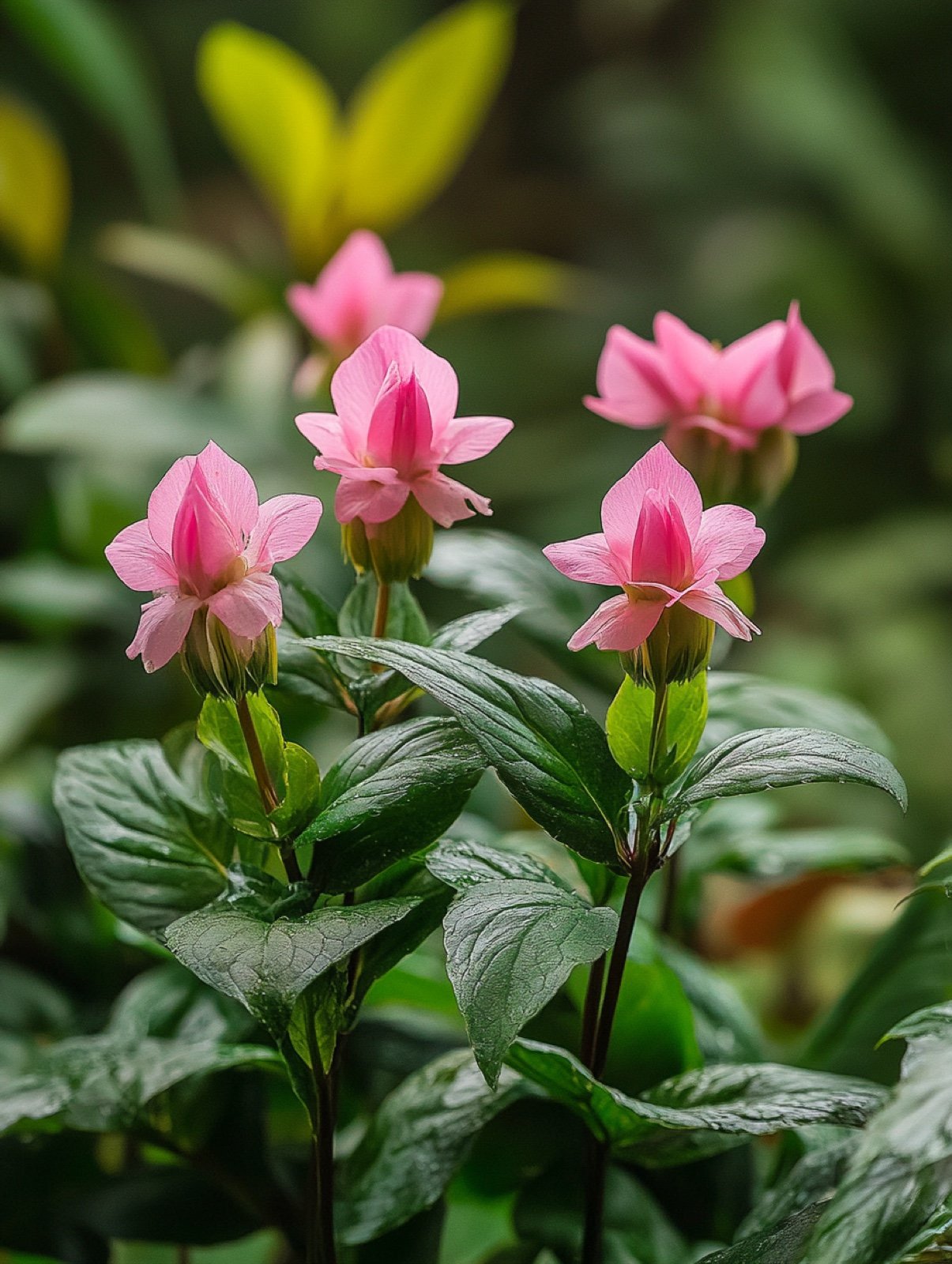 Chelone obliqua — rosa schildkrötenkopfförmige Blüten in dichten Ähren über glänzendem dunkelgrünem Laub
