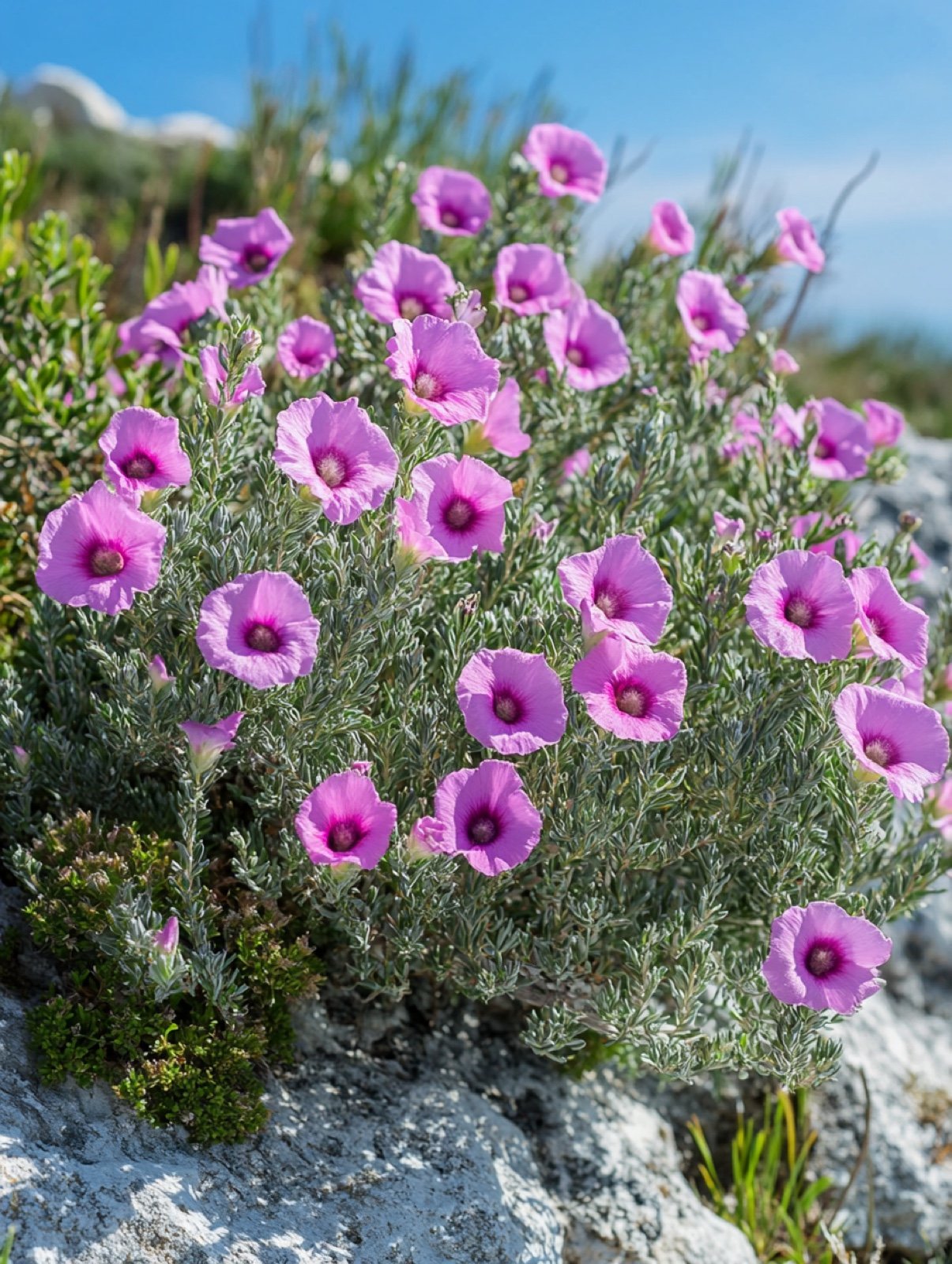 Cistus × purpureus — rosa seidige Blüten mit purpurnen Basalflecken über graugrünem immergrünem Laub