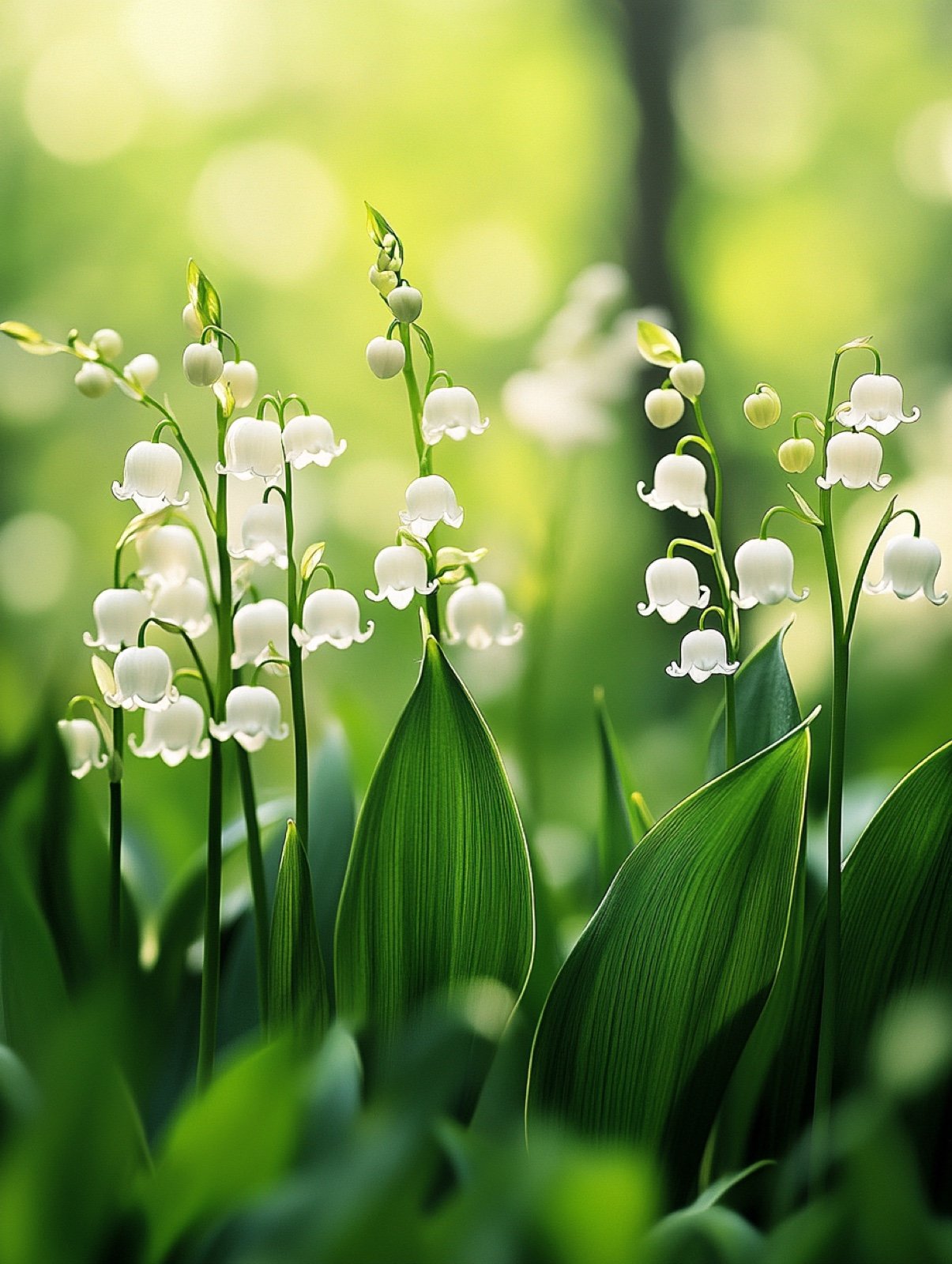 Convallaria majalis — weiße duftende Glöckchen zwischen frischgrünen Blättern auf schattigem Waldboden