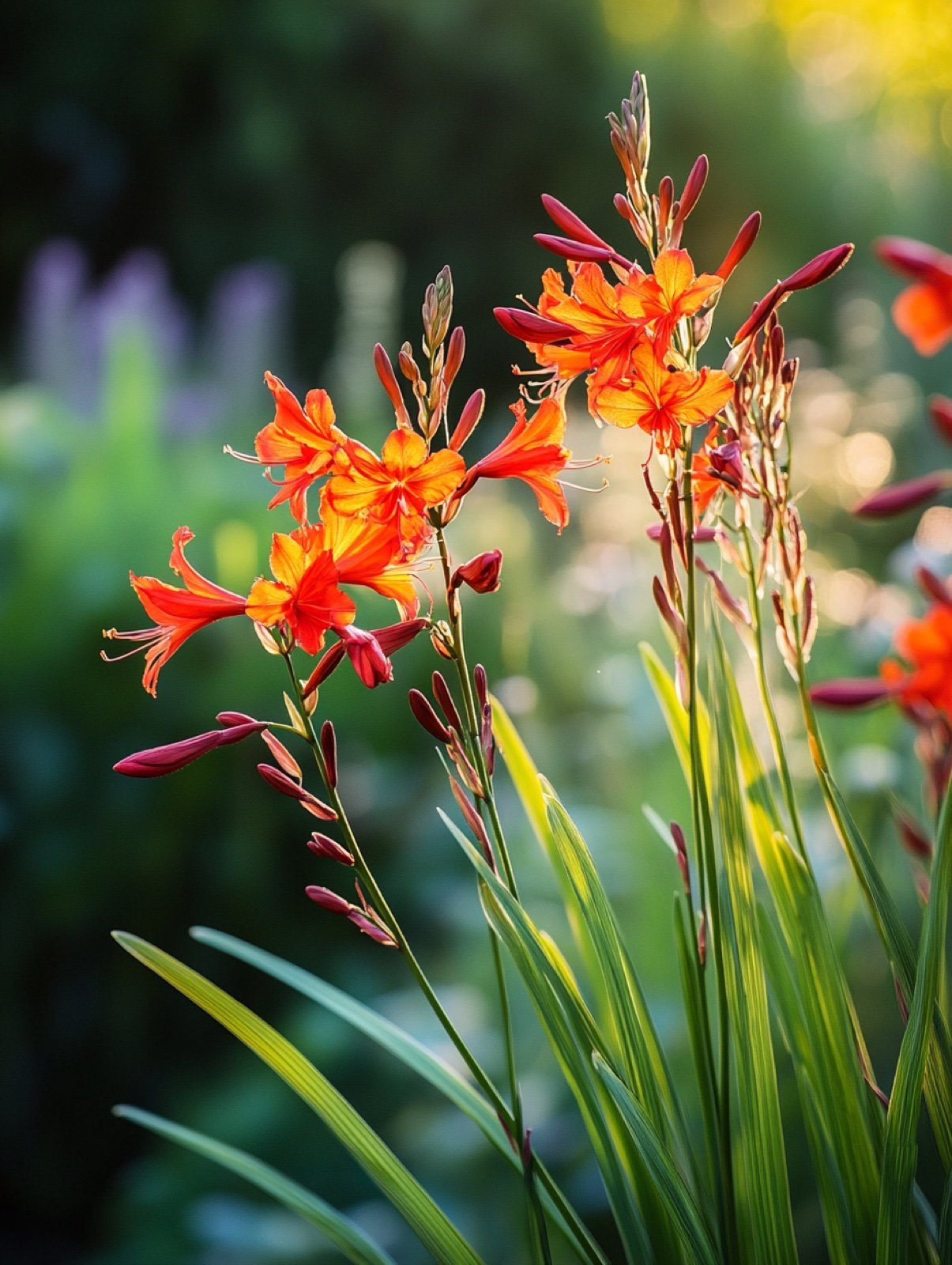Crocosmia 'Lucifer' — flammend rote Blüten an elegant gebogenen Rispen über schwertförmigem Laub