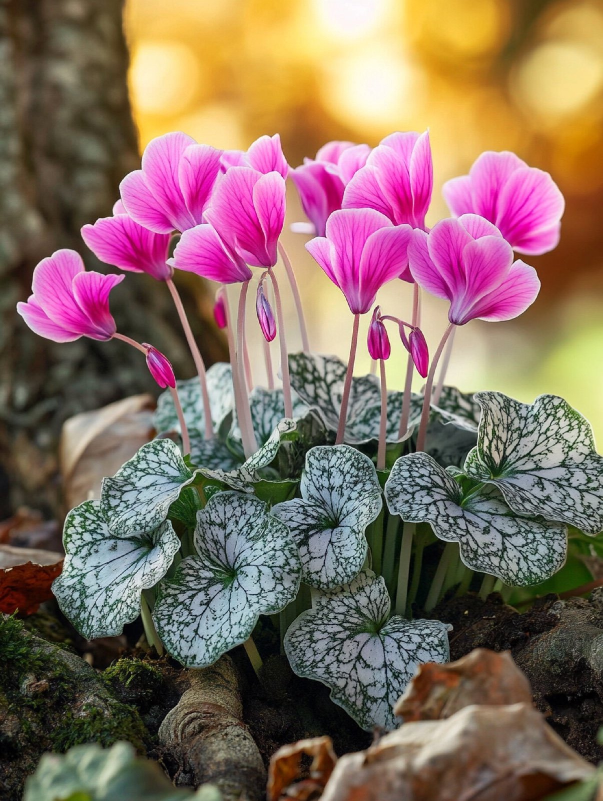 Cyclamen hederifolium — rosa Blüten über silbrig marmoriertem efeuartigem Laub zwischen Baumwurzeln