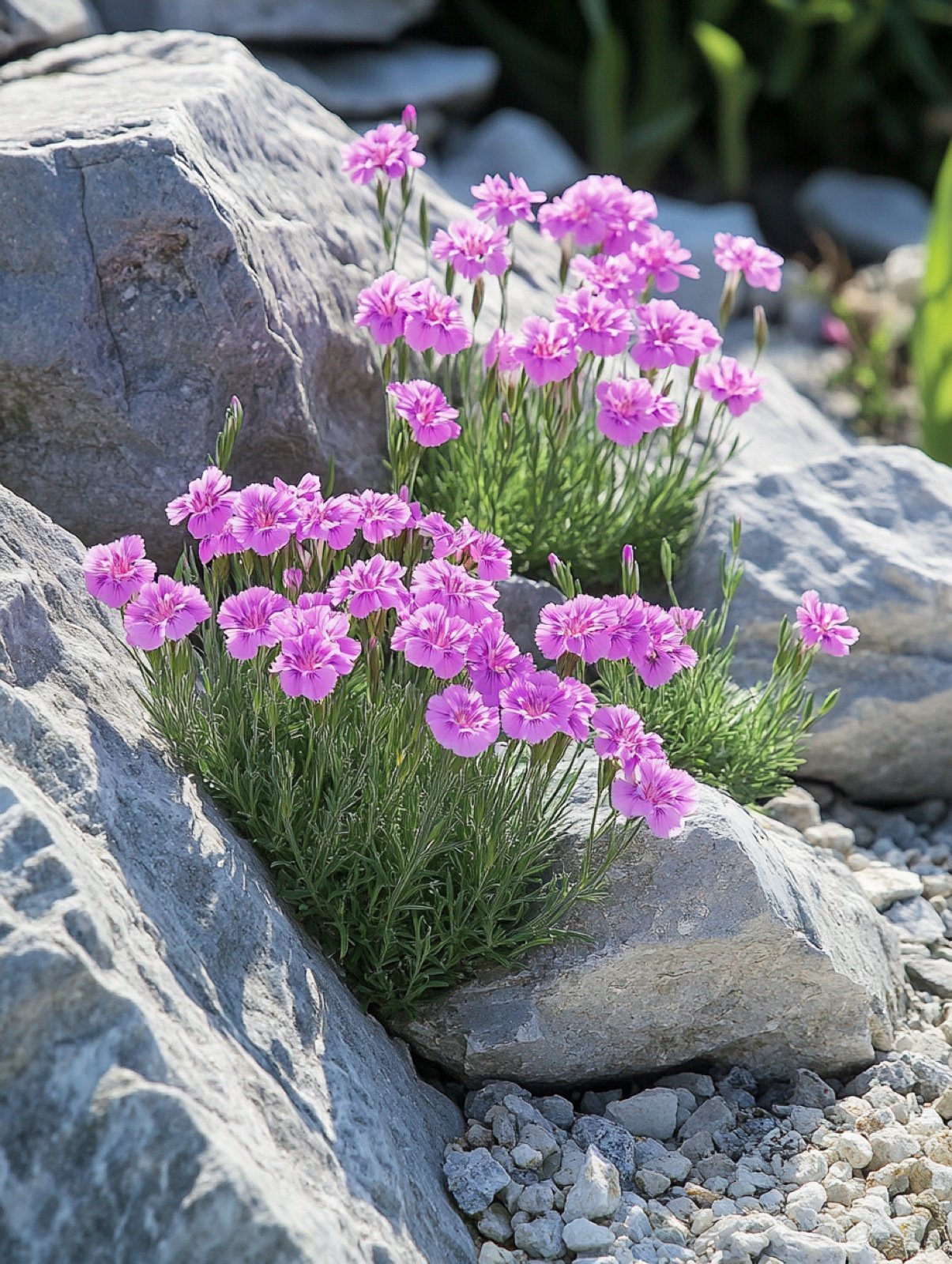 Dianthus gratianopolitanus — rosa gefranste Blüten über einem dichten blaugrauen Blattpolster auf steinigem Boden