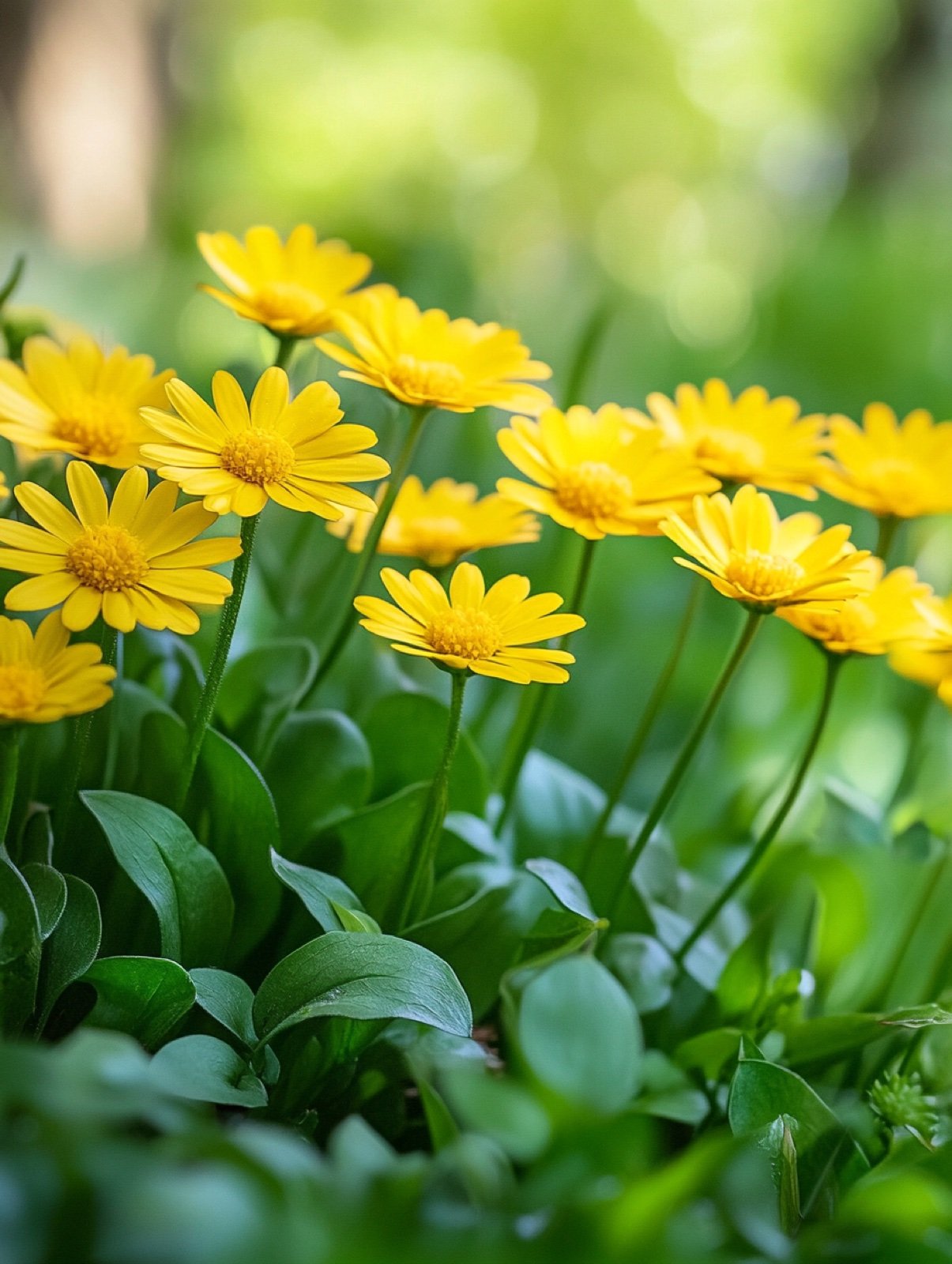 Doronicum orientale — hellgelbe Margeritenblüten auf Stielen über herzförmigem Laub in Aprilsonne