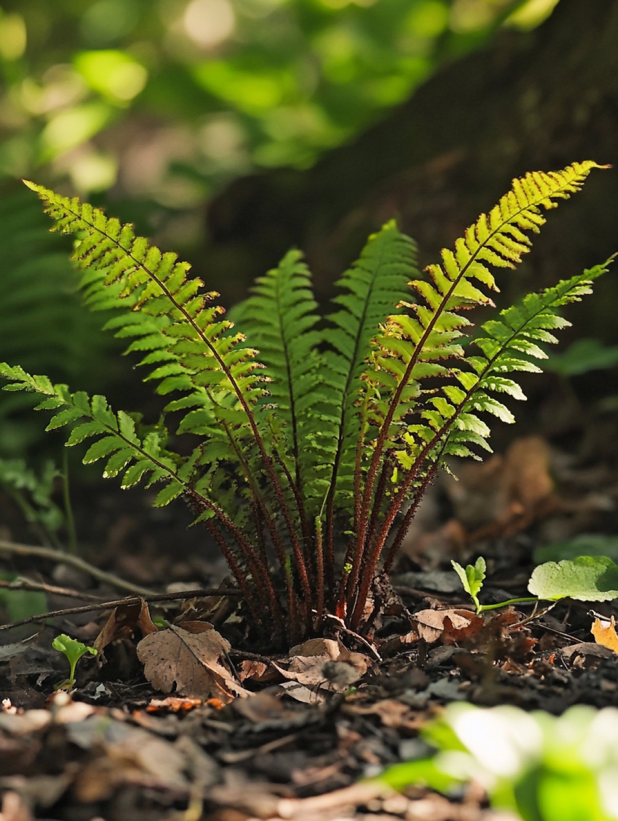 Dryopteris filix-mas — breiter Trichter aus aufrechten doppelt gefiederten Farnwedeln im Waldschatten