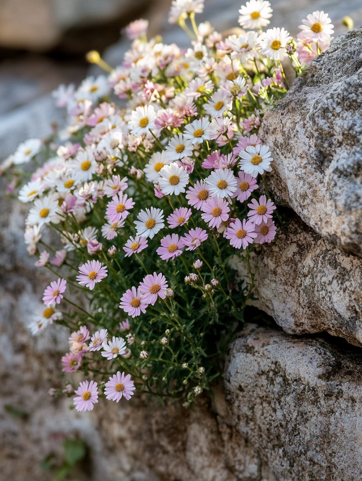 Erigeron karvinskianus — Wolke kleiner Gänseblümchen, die von Weiß nach Rosa verfärben, über einer trockenen Mauer