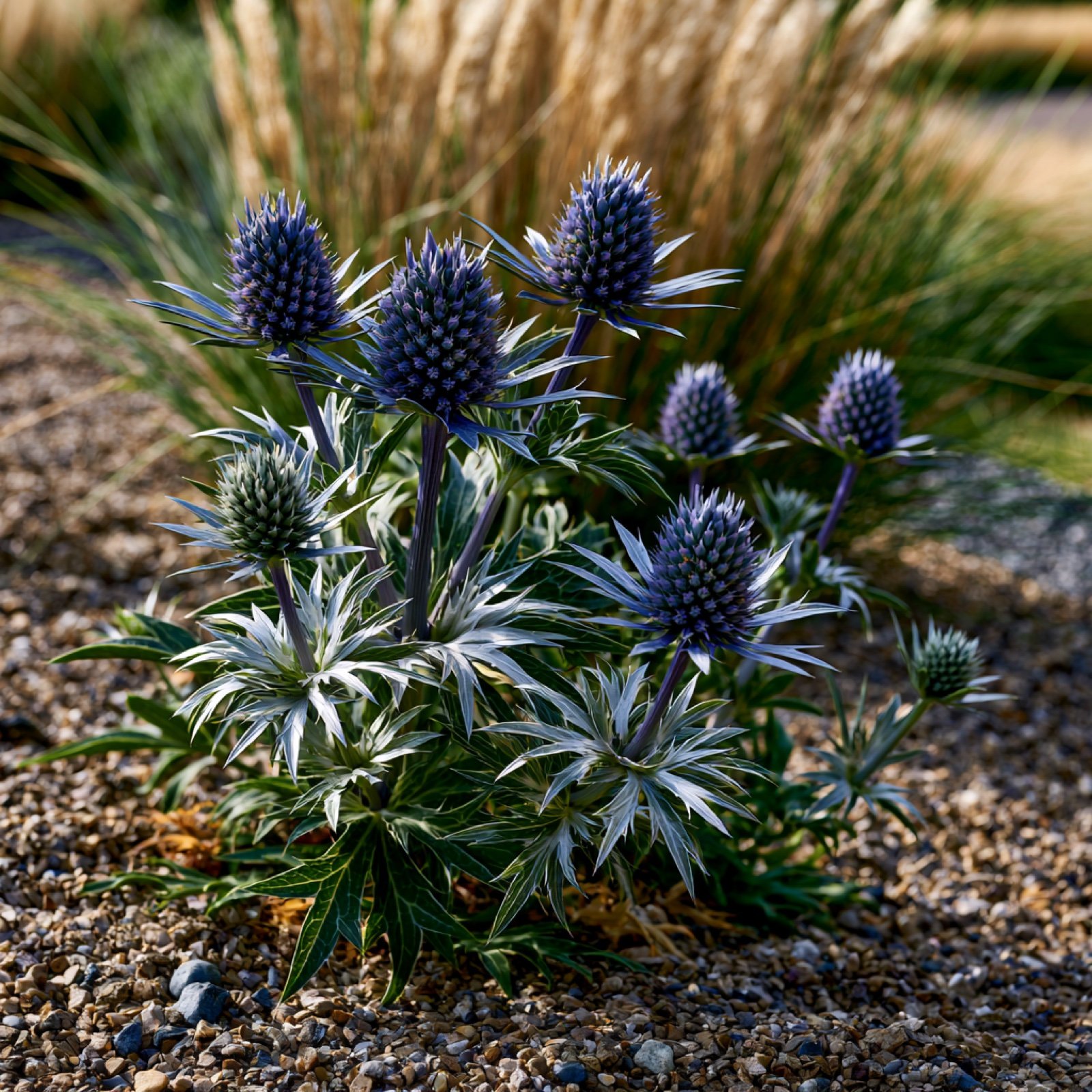 Eryngium bourgatii — stahlblaue Distelkugel mit silberweißer Manschette in Julisonne