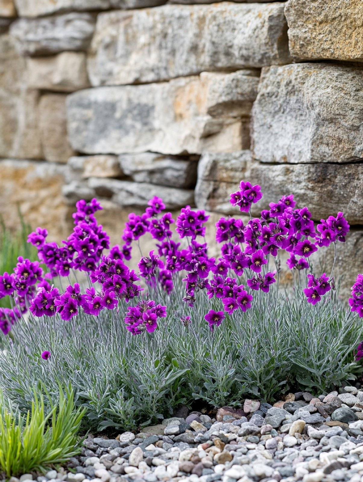 Erysimum 'Bowles Mauve' — mauvefarbene Blütentrauben über graugrünem immergrünem Laub, übersät mit Blüten