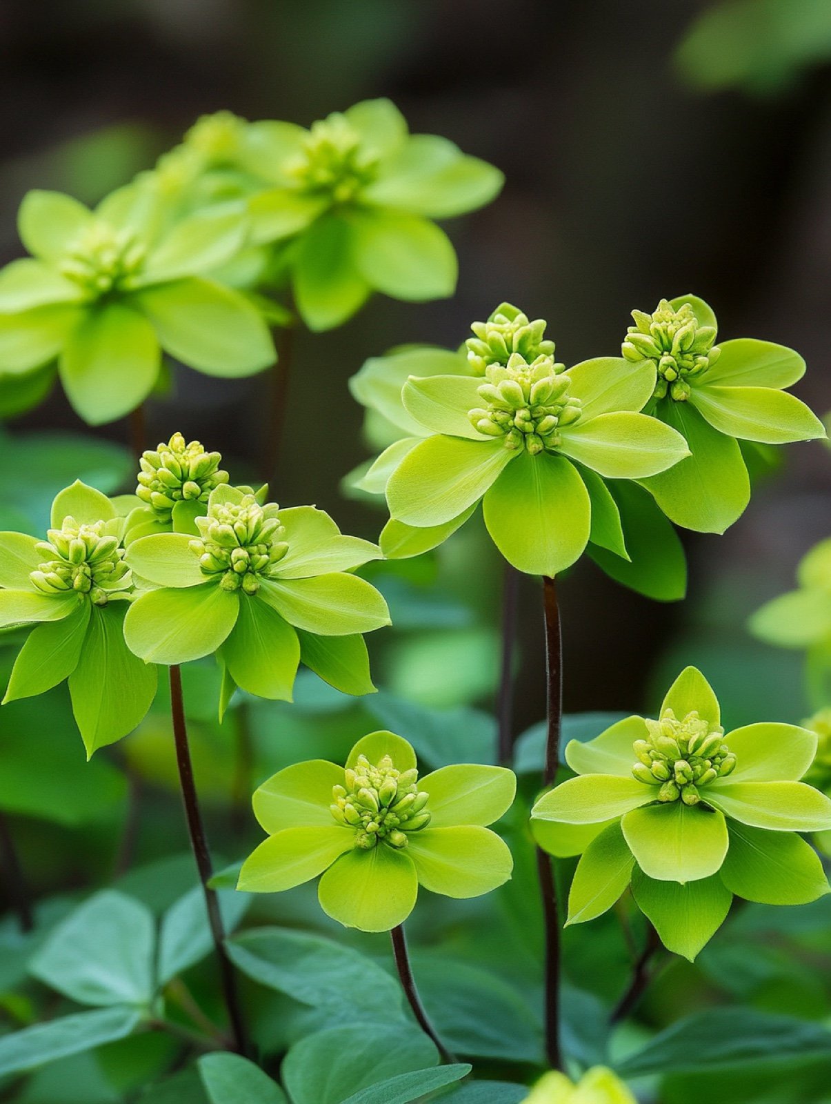 Euphorbia amygdaloides Robbiae — immergrüne Blattrosetten mit limonengrünen Blütendolden im trockenen Baumschatten
