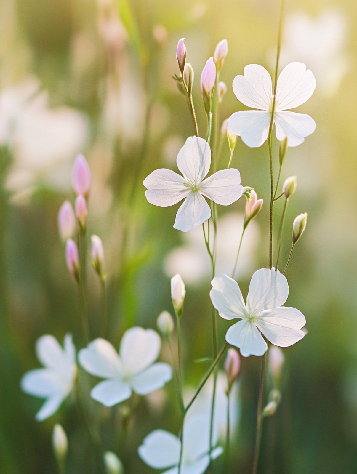 Gaura lindheimeri — weiße schmetterlingsartige Blüten schwebend an dünnen Stielen im weichen Abendlicht
