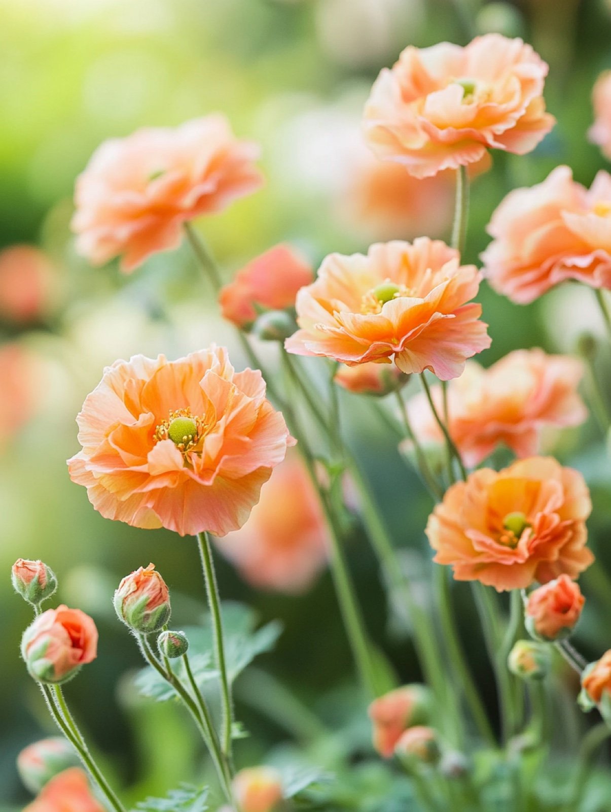 Geum 'Totally Tangerine' — zartorange Blüten tanzend an dünnen Stielen über einer grünen Blattrosette