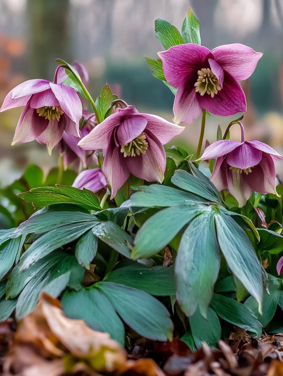 Helleborus × hybridus — nickende rosa-purpurne Blüten über tiefgrünem ledrigem Laub