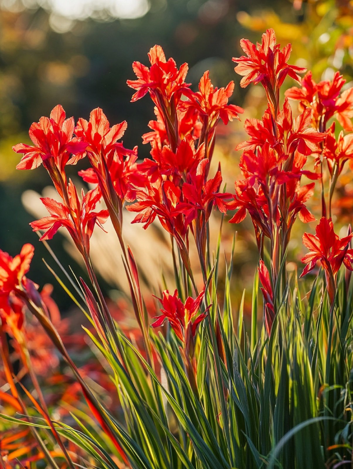 Hesperantha coccinea — scharlachrote Blüten über grasartigem Laub in Oktoberlicht
