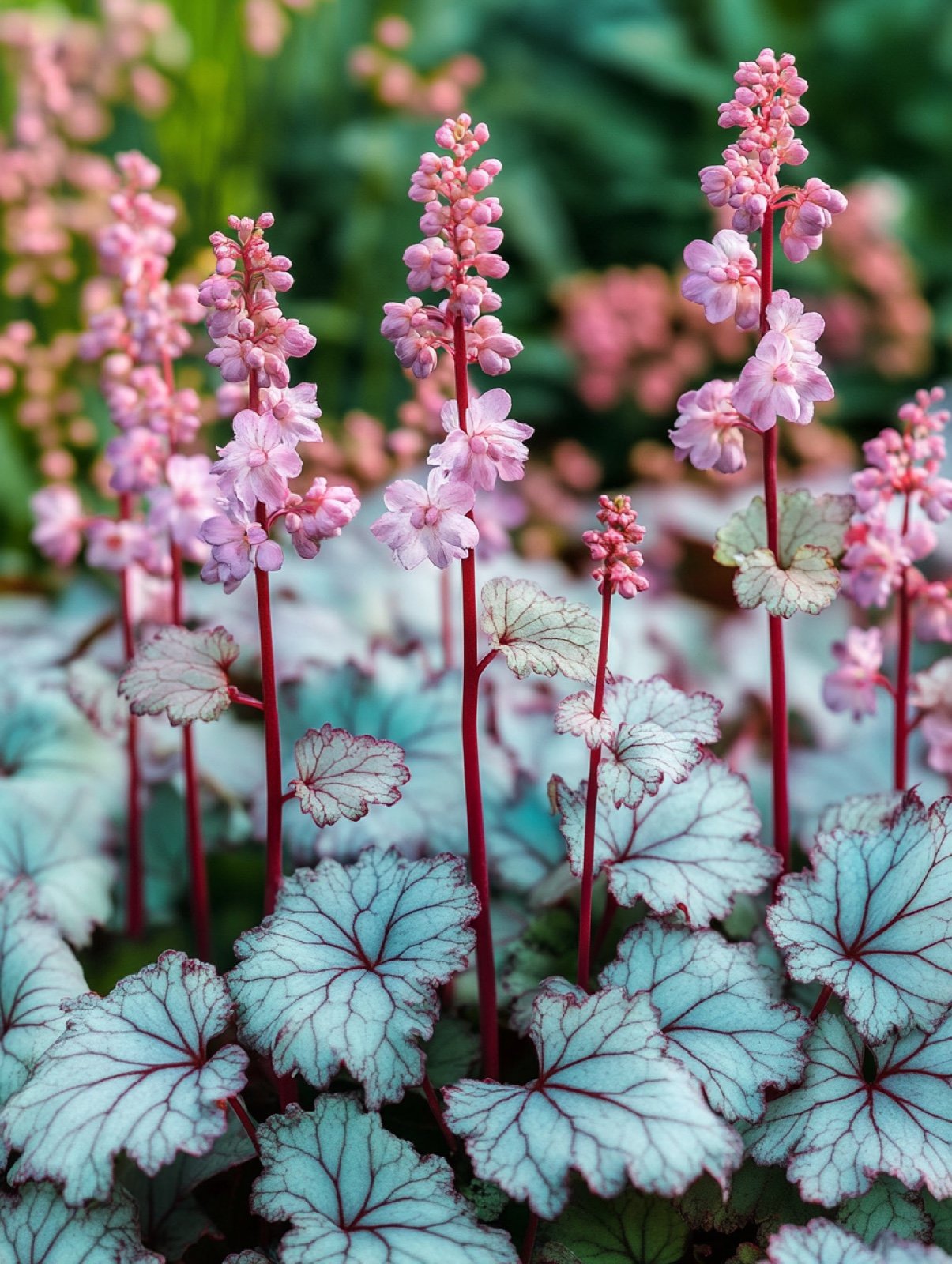 × Heucherella Tapestry — blaugrünes gelapptes Laub mit weinroter Zeichnung und rosa Blütenkerzen