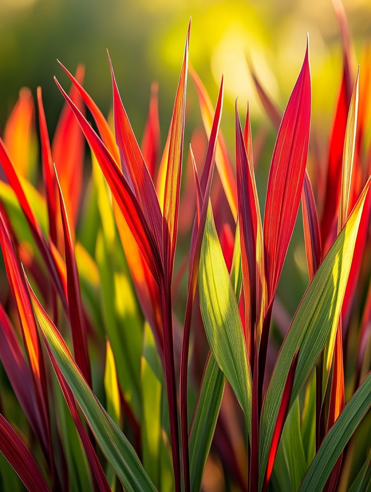 Imperata cylindrica Red Baron — aufrechtes Gras mit blutroten Blattspitzen, die im Gegenlicht aufleuchten