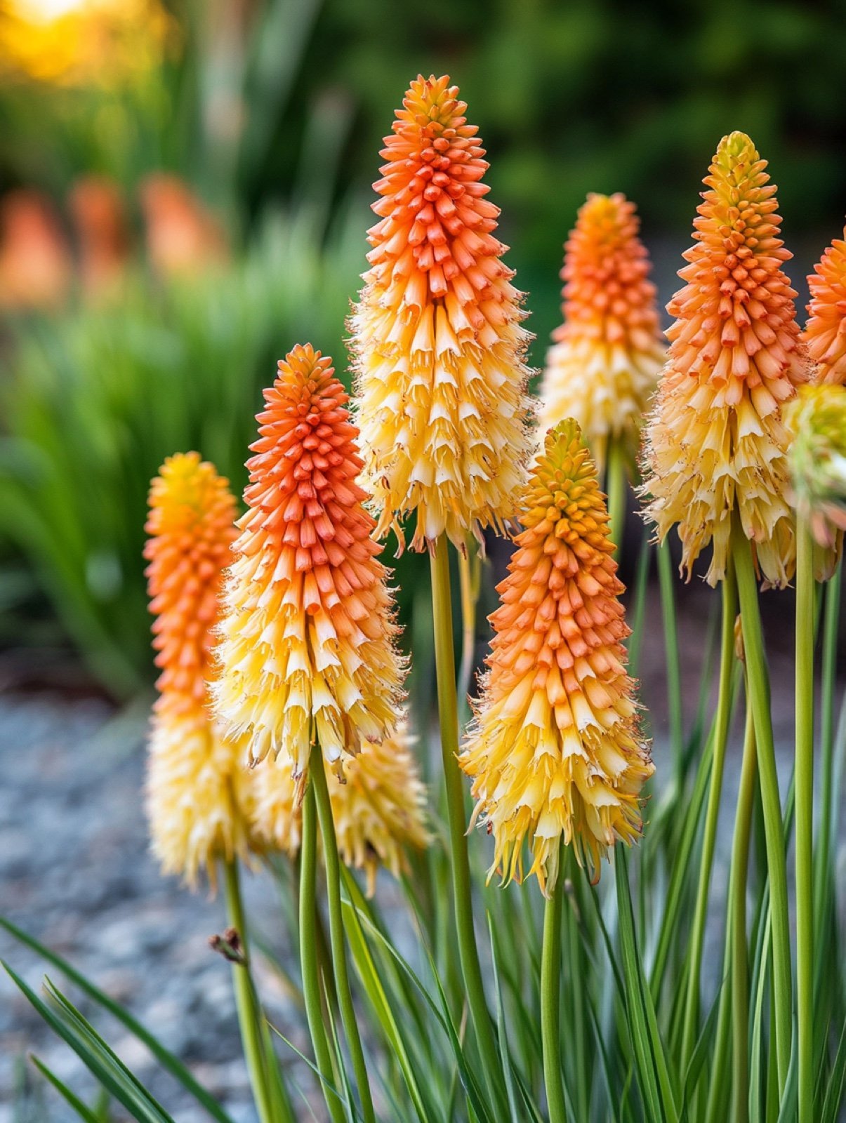 Kniphofia uvaria — orange-gelbe Blütenfackeln aufragend über grasartigem Laub im warmen Sommerlicht