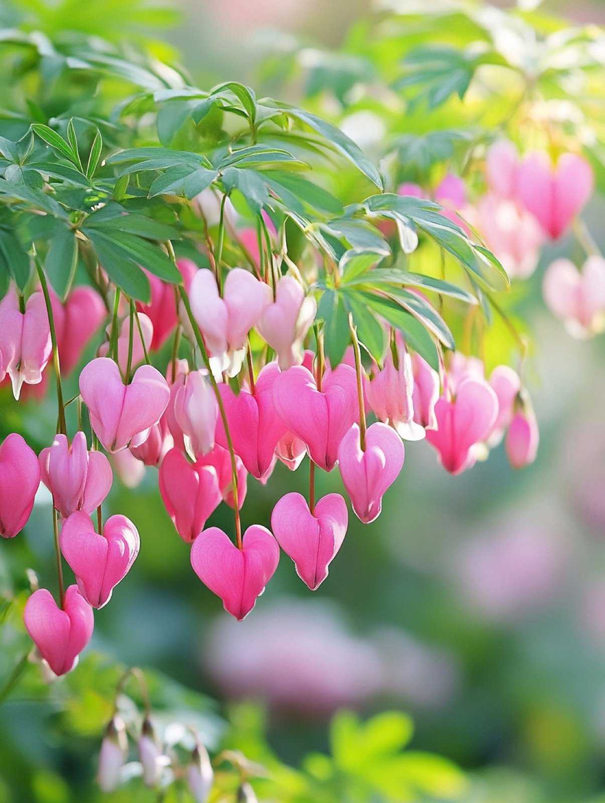 Lamprocapnos spectabilis — Reihe rosa herzförmiger Blüten an elegant gebogenem Stängel