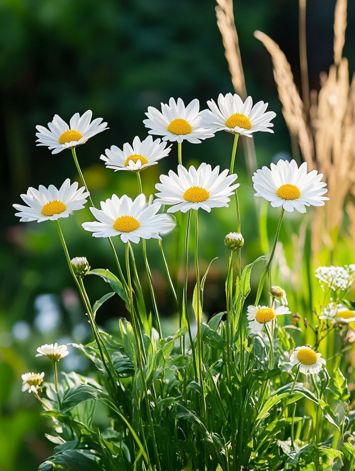Leucanthemum superbum — leuchtend weiße Margeriten mit goldgelbem Herz auf kräftigen Stängeln in voller Sonne