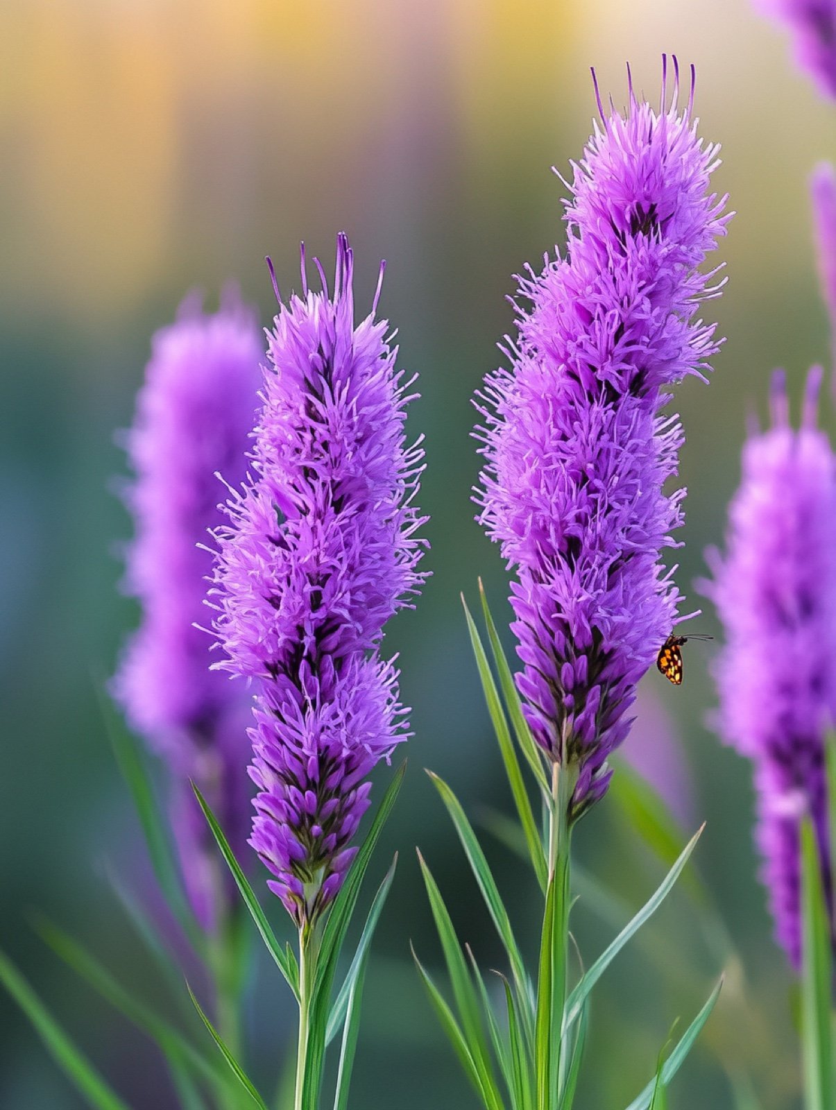 Liatris spicata — aufrechte violette flauschige Blütenähren über grasartigem Laub, besucht von Schmetterlingen