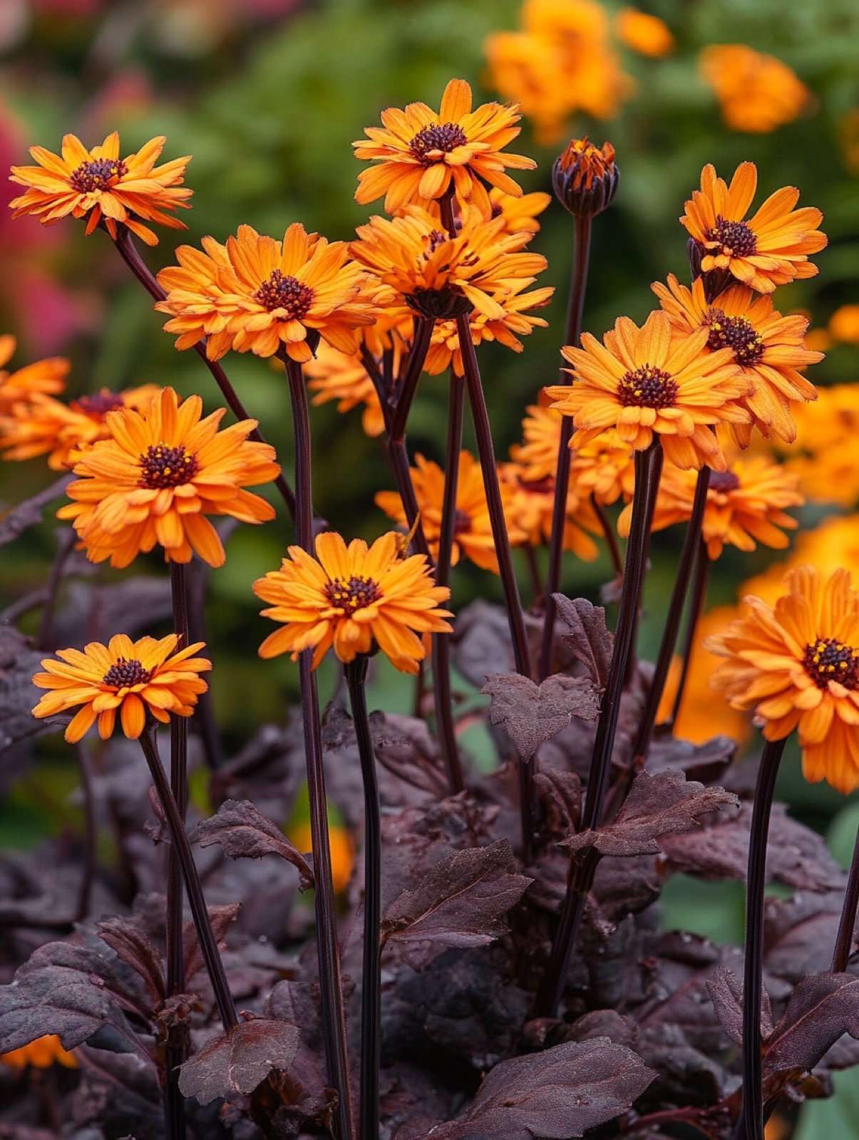 Ligularia dentata „Desdemona" — große purpurrote Blätter mit orangen Blütendolden am Teichrand