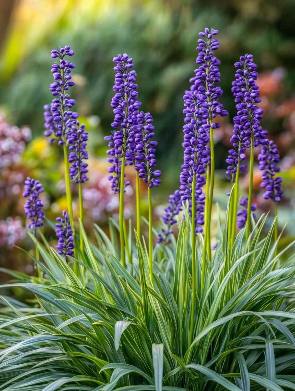 Liriope muscari — violette Blütenkerzen über dunkelgrünem grasartigem Laub im Spätsommerschatten