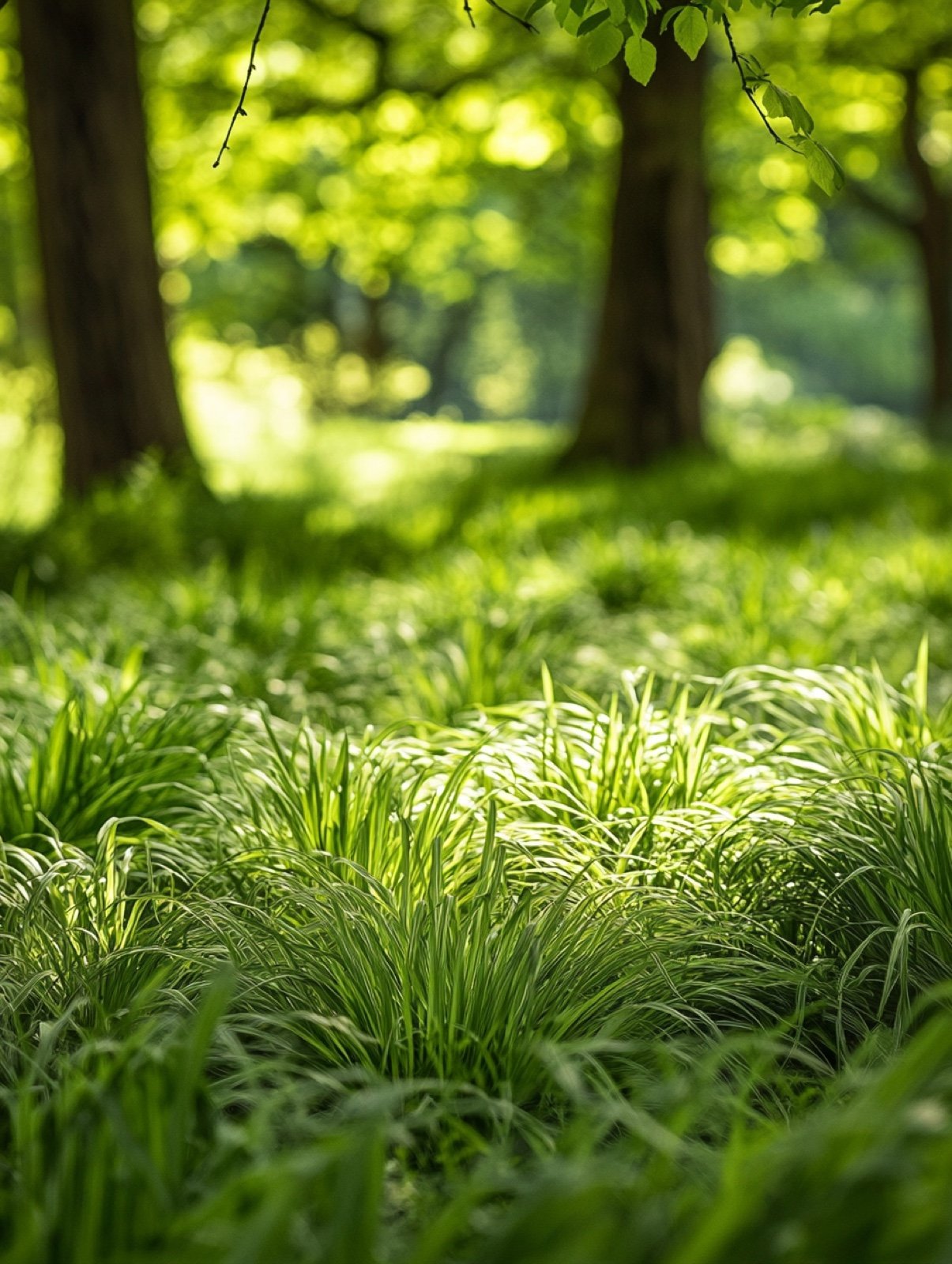 Luzula sylvatica — breite glänzende immergrüne Grashorste auf schattigem Waldboden