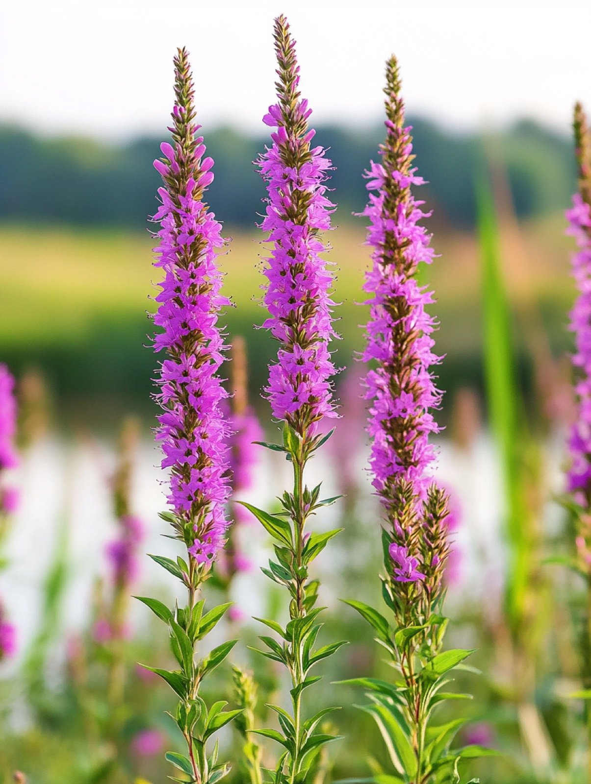 Lythrum salicaria — aufrechte rosa-violette Blütenkerzen am Uferrand, von Faltern besucht